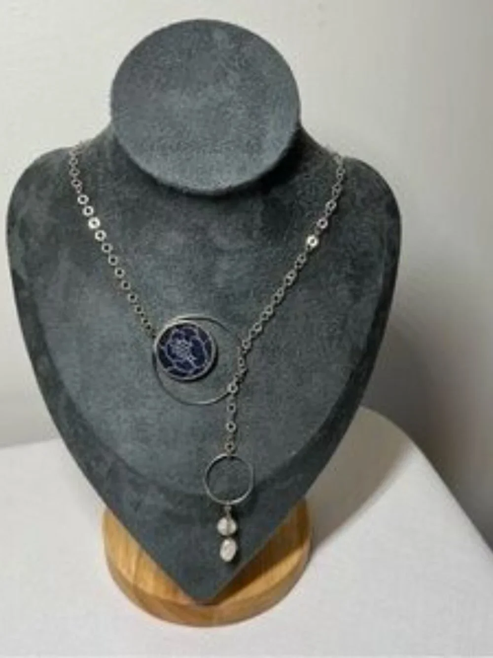Sterling Silver necklace w Blue silk fabric Pendant white pearlsHandmade - Picture 3 of 4